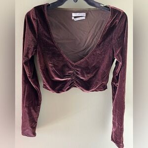 Urban Outfitters Velour Ribbed Deep Burgundy Cinched V-Neck Crop Top. Size M.